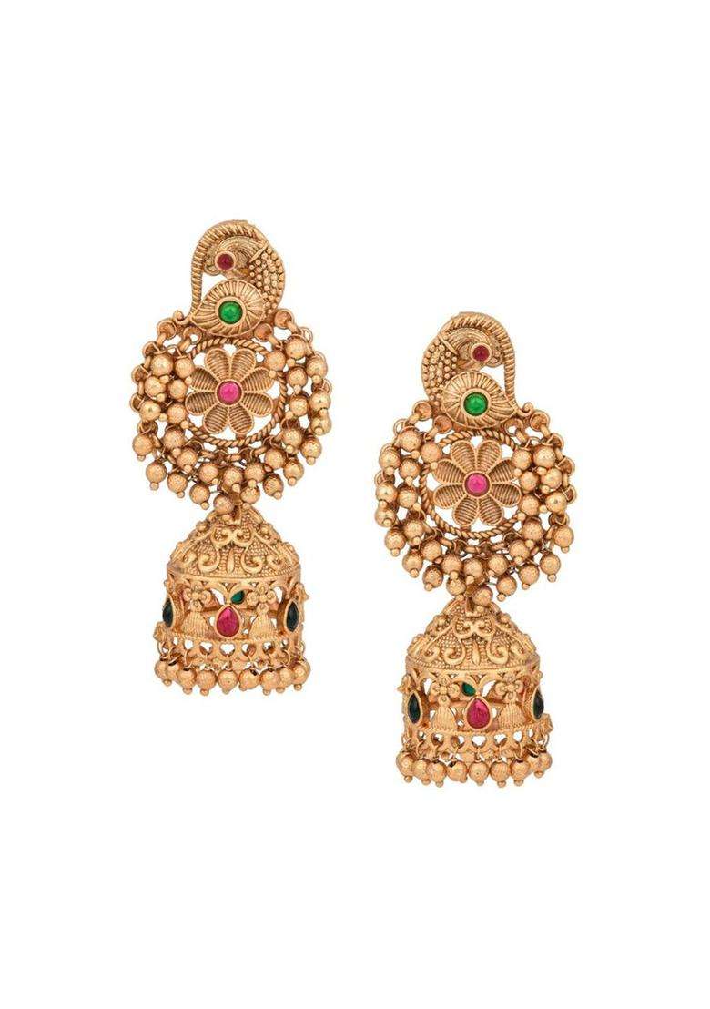 Gold-Plated Artificial Stones Studded & Beaded Dome Shaped Temple Jhumkas for Women | Traditional Temple Jewellery for Wedding & Festive Wear | Gift for Her - Indya