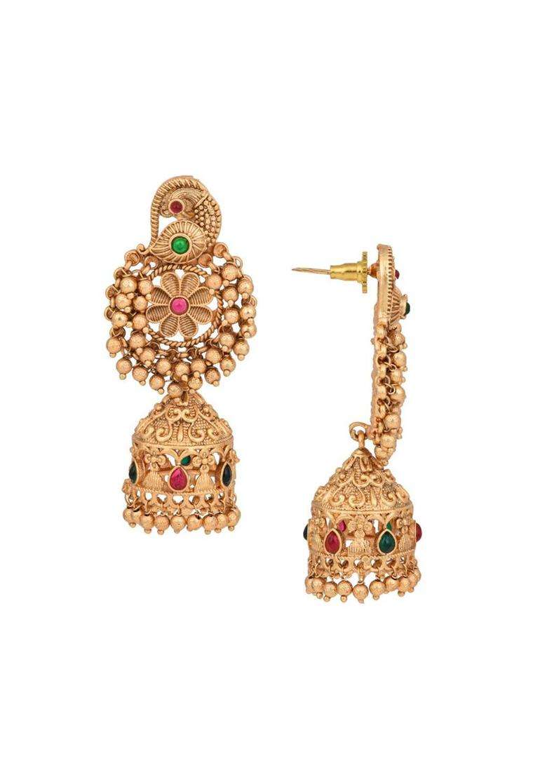 Gold-Plated Artificial Stones Studded & Beaded Dome Shaped Temple Jhumkas for Women | Traditional Temple Jewellery for Wedding & Festive Wear | Gift for Her - Indya