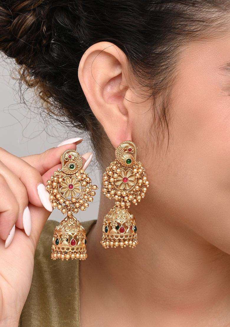 Gold-Plated Artificial Stones Studded & Beaded Dome Shaped Temple Jhumkas for Women | Traditional Temple Jewellery for Wedding & Festive Wear | Gift for Her - Indya