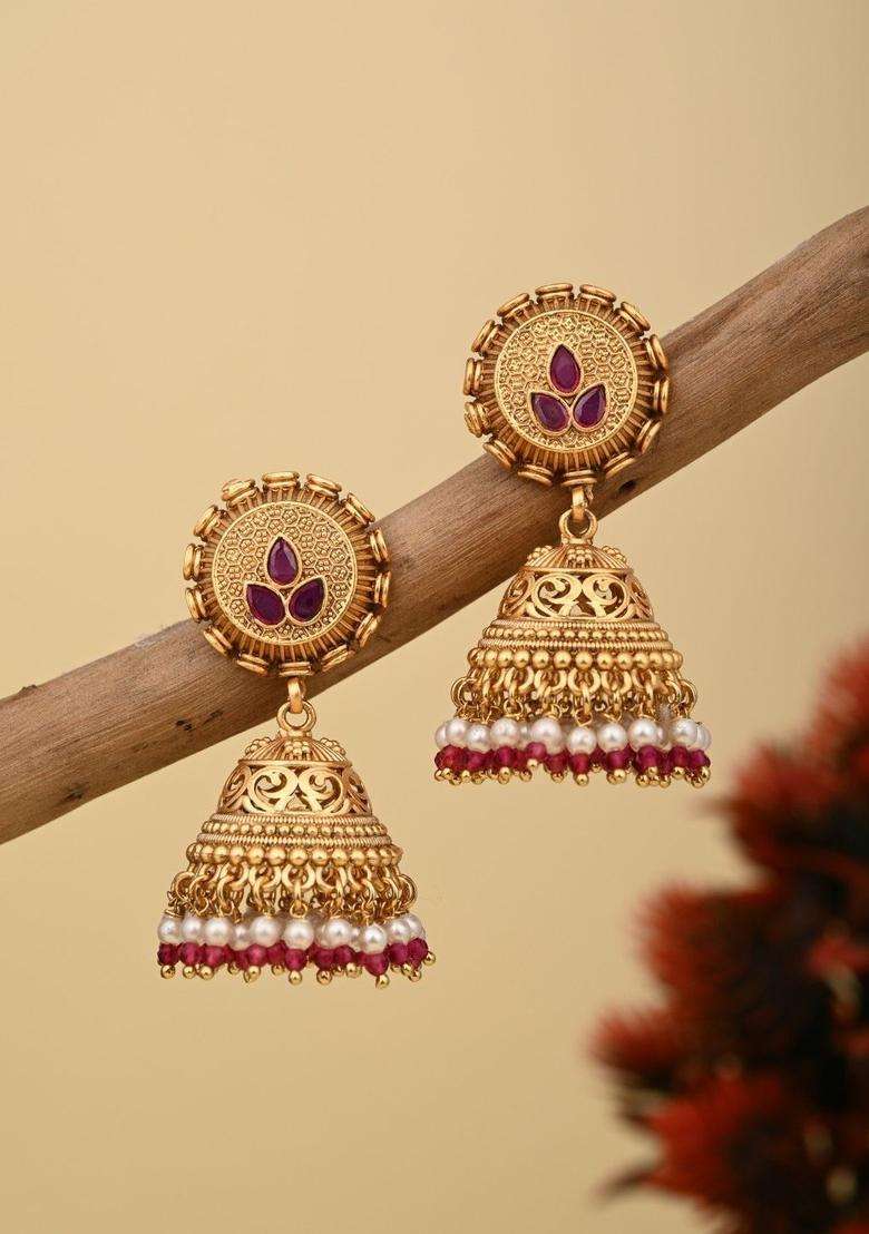 Geometric Gold-Plated Jhumkas Earrings for Women | Traditional Temple Jewellery for Wedding & Festive Wear | Gift for Her - Indya