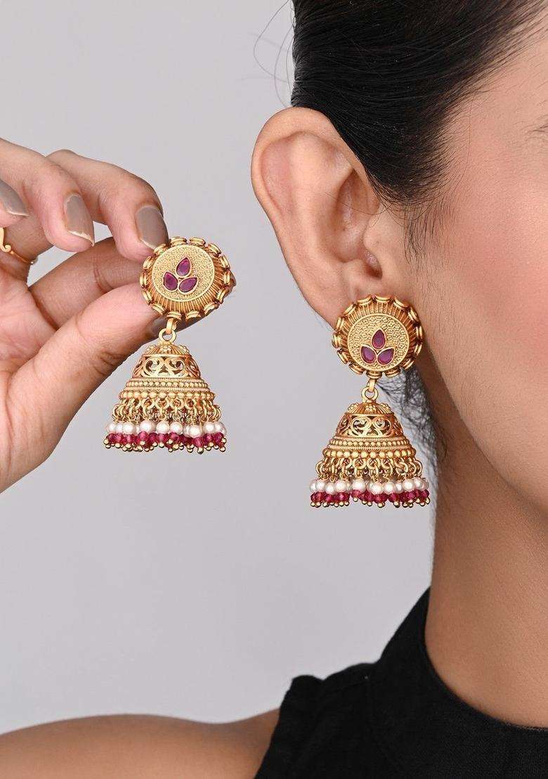 Geometric Gold-Plated Jhumkas Earrings for Women | Traditional Temple Jewellery for Wedding & Festive Wear | Gift for Her - Indya