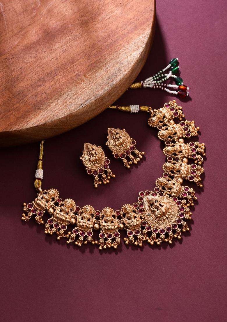 Gold-Plated Artificial Stone-Studded Goddess Lakshmi Temple Necklace and Earrings for Women | Traditional Temple Jewellery for Wedding & Festive Wear | Gift for Her - Indya