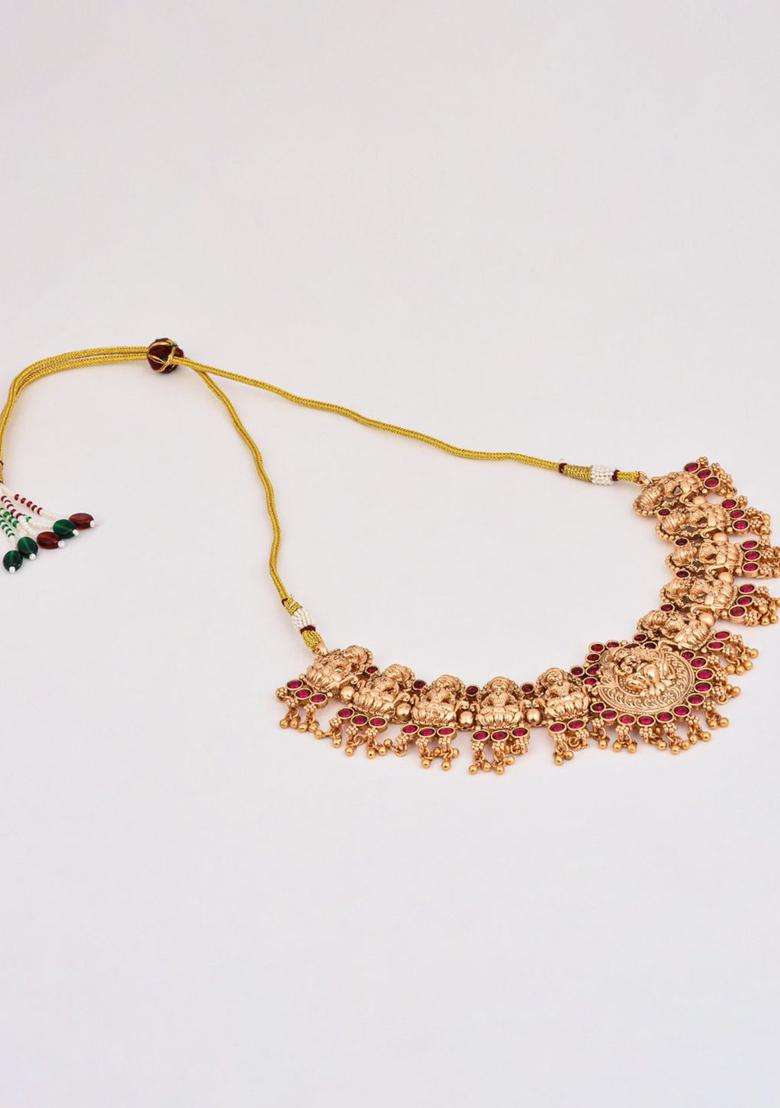 Gold-Plated Artificial Stone-Studded Goddess Lakshmi Temple Necklace and Earrings for Women | Traditional Temple Jewellery for Wedding & Festive Wear | Gift for Her - Indya