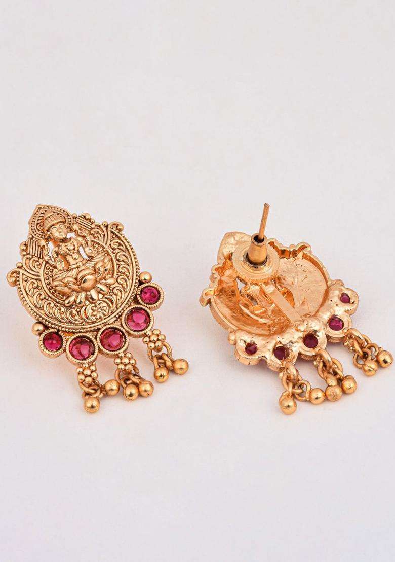 Gold-Plated Artificial Stone-Studded Goddess Lakshmi Temple Necklace and Earrings for Women | Traditional Temple Jewellery for Wedding & Festive Wear | Gift for Her - Indya