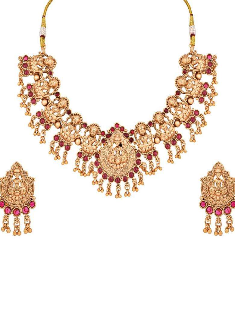 Gold-Plated Artificial Stone-Studded Goddess Lakshmi Temple Necklace and Earrings for Women | Traditional Temple Jewellery for Wedding & Festive Wear | Gift for Her - Indya