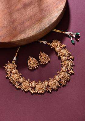 Gold-Plated Artificial Stone-Studded Goddess Lakshmi Temple Necklace and Earrings for Women | Traditional Temple Jewellery for Wedding & Festive Wear | Gift for Her