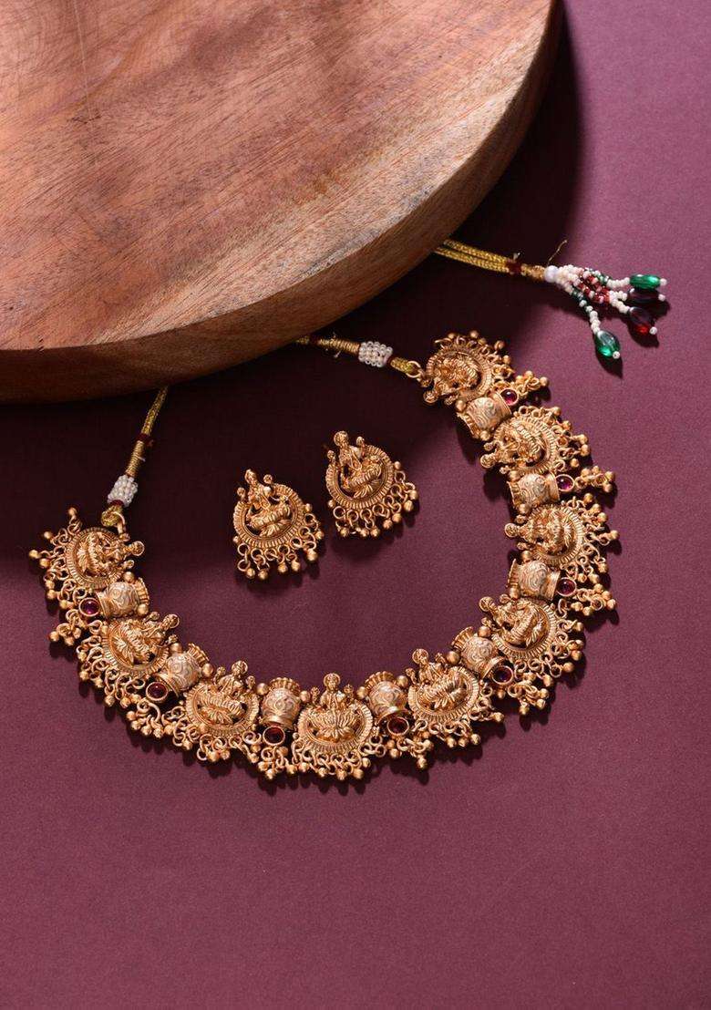 Gold-Plated Artificial Stone-Studded Goddess Lakshmi Temple Necklace and Earrings for Women | Traditional Temple Jewellery for Wedding & Festive Wear | Gift for Her - Indya