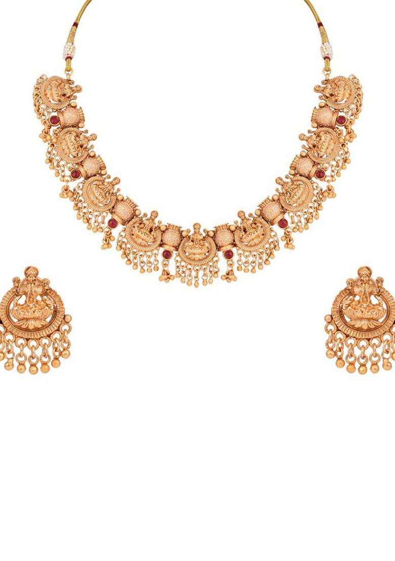 Gold-Plated Artificial Stone-Studded Goddess Lakshmi Temple Necklace and Earrings for Women | Traditional Temple Jewellery for Wedding & Festive Wear | Gift for Her - Indya
