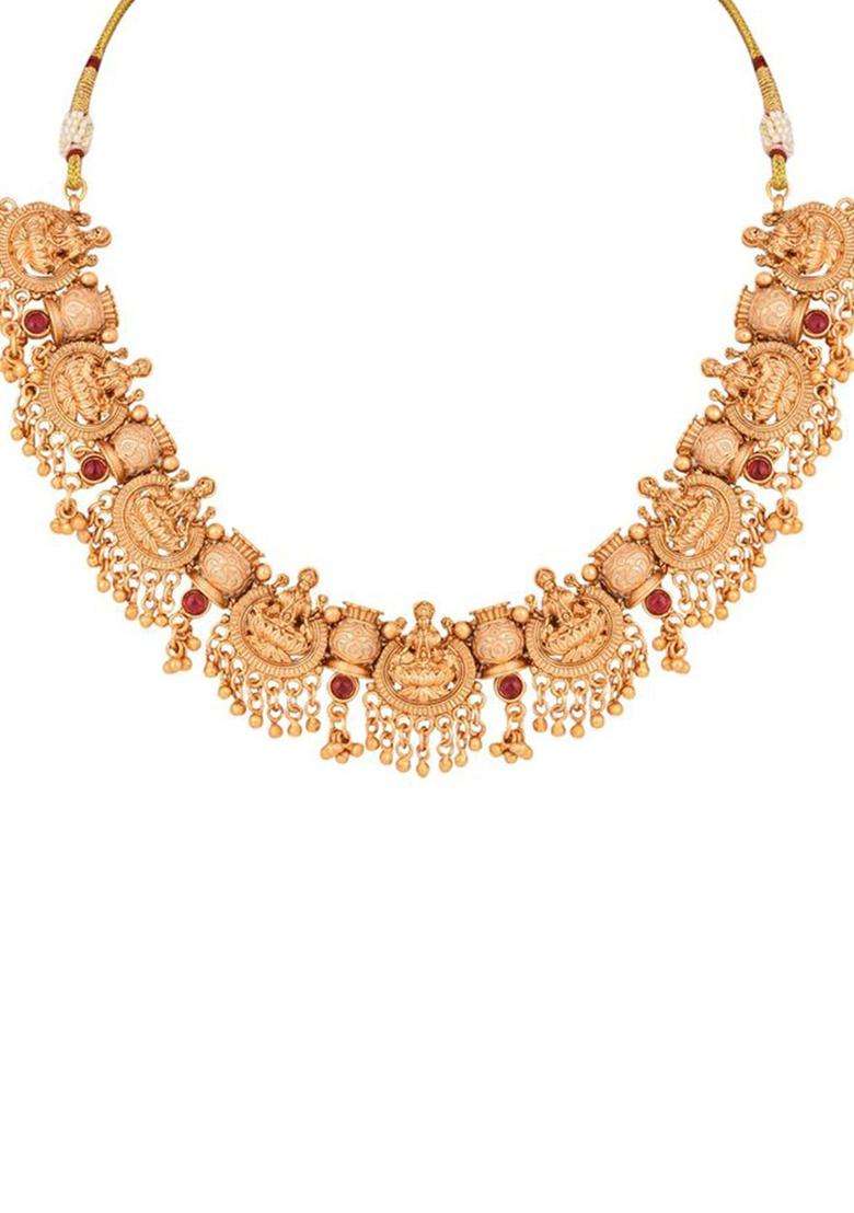 Gold-Plated Artificial Stone-Studded Goddess Lakshmi Temple Necklace and Earrings for Women | Traditional Temple Jewellery for Wedding & Festive Wear | Gift for Her - Indya
