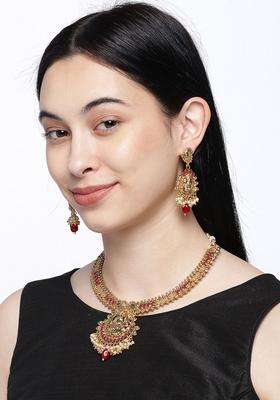 Gold-Plated & Red Stone Studded Temple Jewellery Set for Women | Traditional Temple Jewellery for Wedding & Festive Wear | Gift for Her