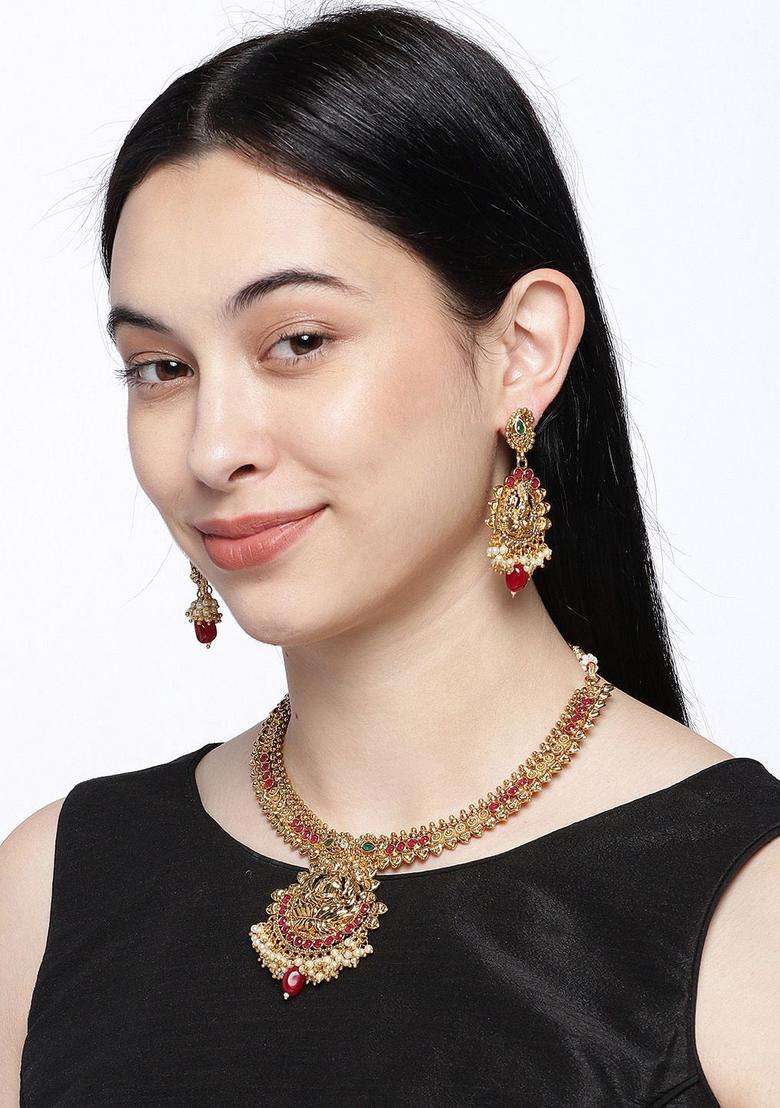 Gold-Plated & Red Stone Studded Temple Jewellery Set for Women | Traditional Temple Jewellery for Wedding & Festive Wear | Gift for Her - Indya
