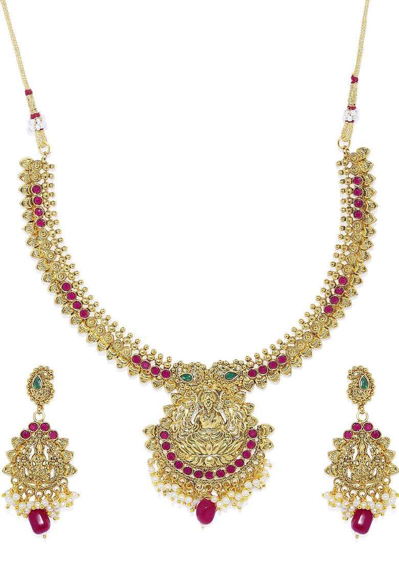 Gold-Plated & Red Stone Studded Temple Jewellery Set for Women | Traditional Temple Jewellery for Wedding & Festive Wear | Gift for Her - Indya