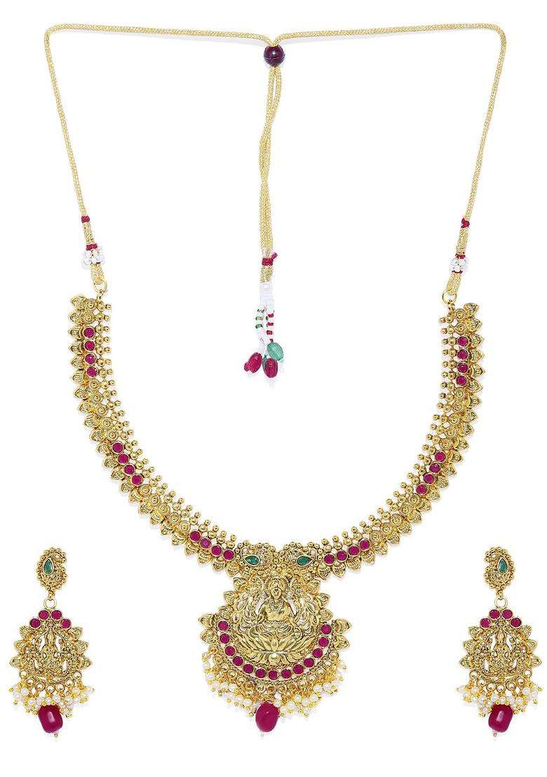 Gold-Plated & Red Stone Studded Temple Jewellery Set for Women | Traditional Temple Jewellery for Wedding & Festive Wear | Gift for Her - Indya