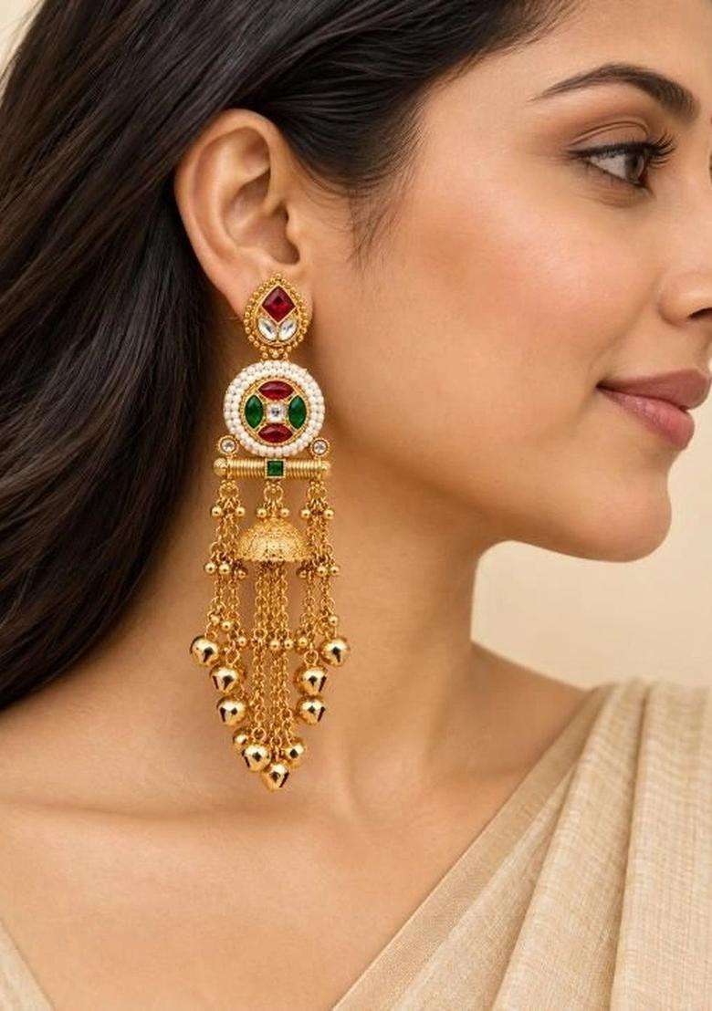 Gold-Plated Geometric Jhumkas Earrings for Women | Traditional Temple Jewellery for Wedding & Festive Wear | Gift for Her - Indya