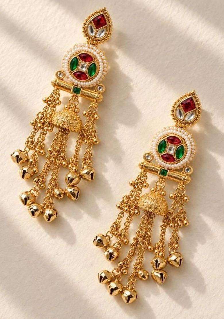 Gold-Plated Geometric Jhumkas Earrings for Women | Traditional Temple Jewellery for Wedding & Festive Wear | Gift for Her - Indya