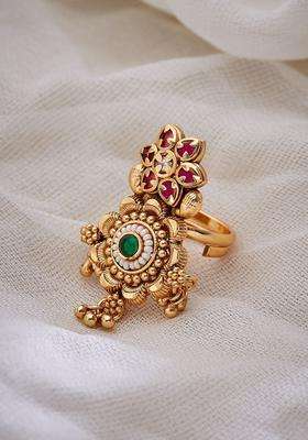 Gold-Plated Temple Stone Studded & Beaded Finger Ring for Women | Traditional Temple Jewellery for Wedding & Festive Wear | Gift for Her