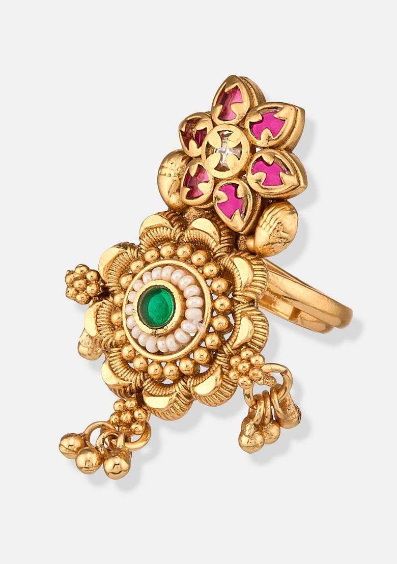 Gold-Plated Temple Stone Studded & Beaded Finger Ring for Women | Traditional Temple Jewellery for Wedding & Festive Wear | Gift for Her - Indya