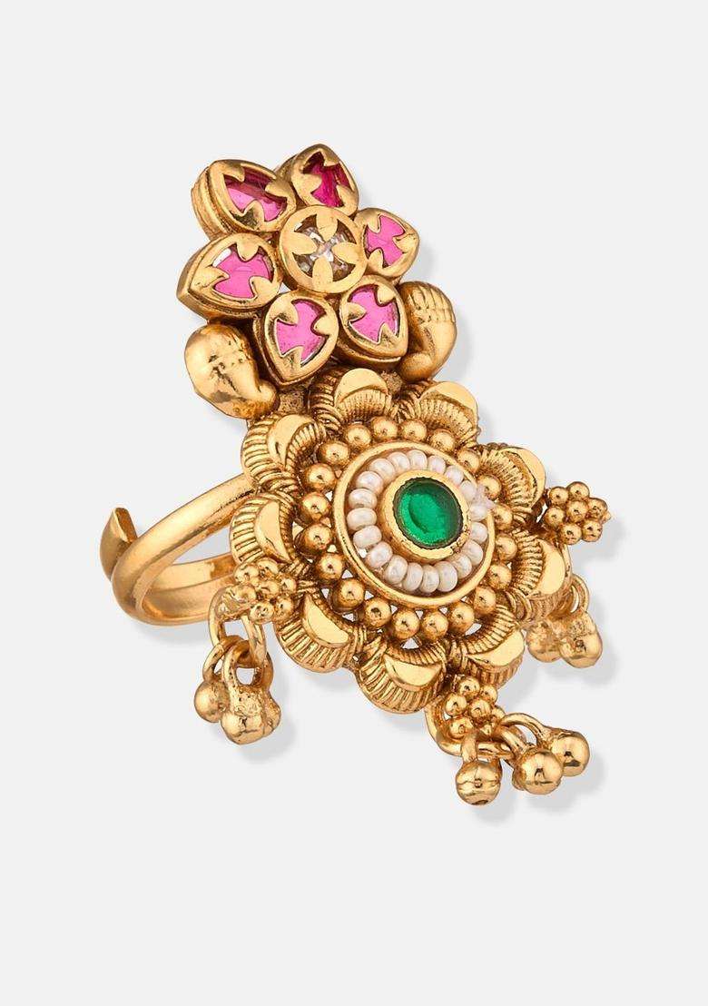 Gold-Plated Temple Stone Studded & Beaded Finger Ring for Women | Traditional Temple Jewellery for Wedding & Festive Wear | Gift for Her - Indya