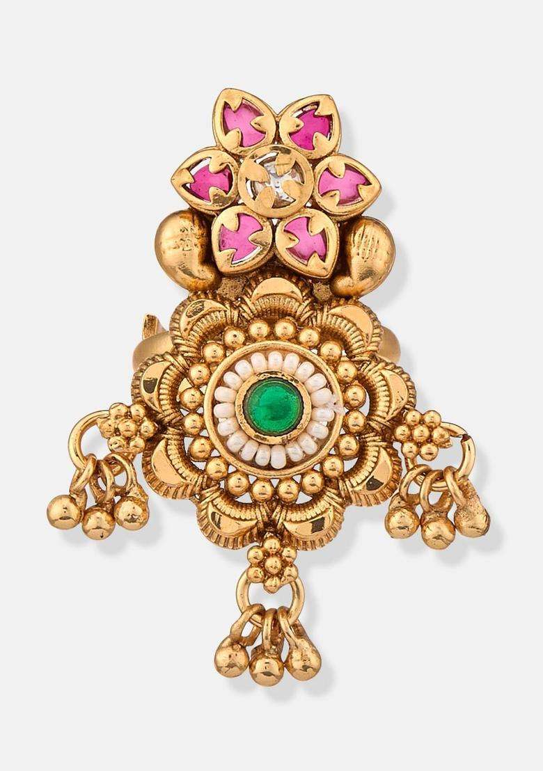 Gold-Plated Temple Stone Studded & Beaded Finger Ring for Women | Traditional Temple Jewellery for Wedding & Festive Wear | Gift for Her - Indya