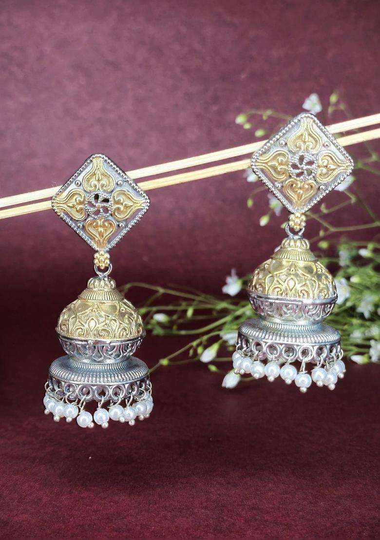 Silver-Plated Contemporary Jhumkas Earrings for Women | Traditional Temple Jewellery for Wedding & Festive Wear | Gift for Her - Indya