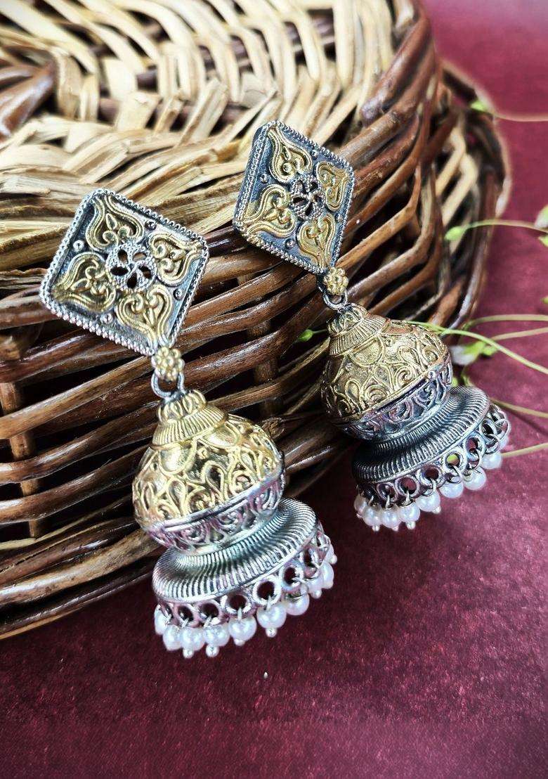 Silver-Plated Contemporary Jhumkas Earrings for Women | Traditional Temple Jewellery for Wedding & Festive Wear | Gift for Her - Indya