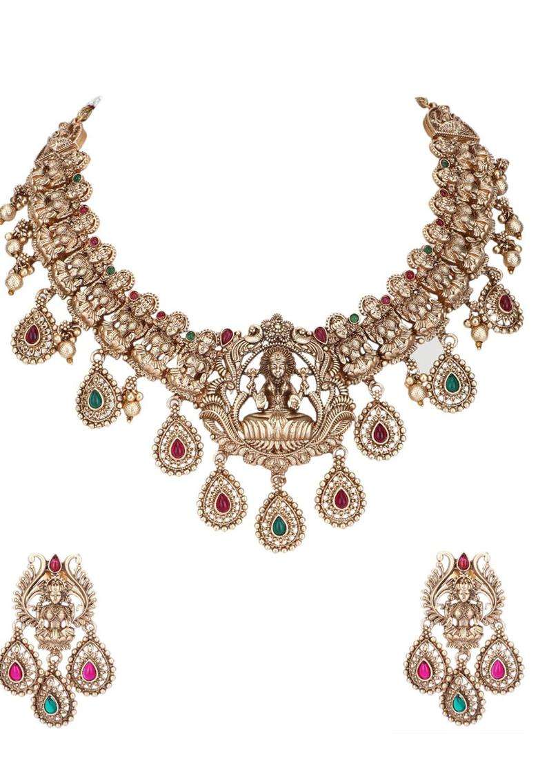 22KT Gold-Plated Kundan Studded Jewellery Set for Women | Traditional Temple Jewellery for Wedding & Festive Wear | Gift for Her - Indya