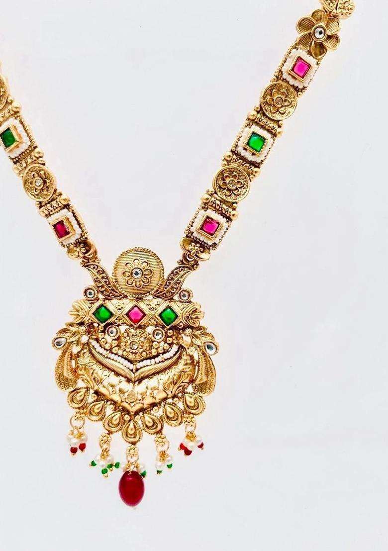 Brass Gold-Plated Temple Necklace with CZ Stone for Women | Traditional Temple Jewellery for Wedding & Festive Wear | Gift for Her - Indya