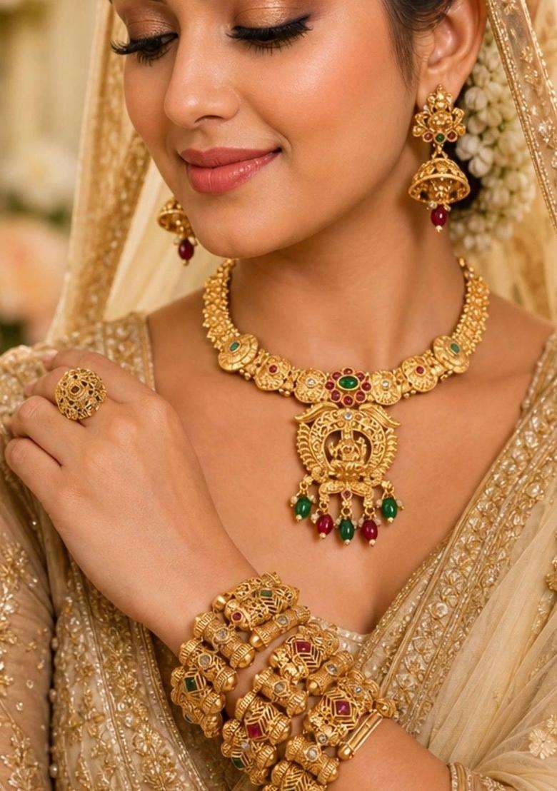 Brass Gold-Plated Temple Necklace with CZ Stone for Women | Traditional Temple Jewellery for Wedding & Festive Wear | Gift for Her - Indya