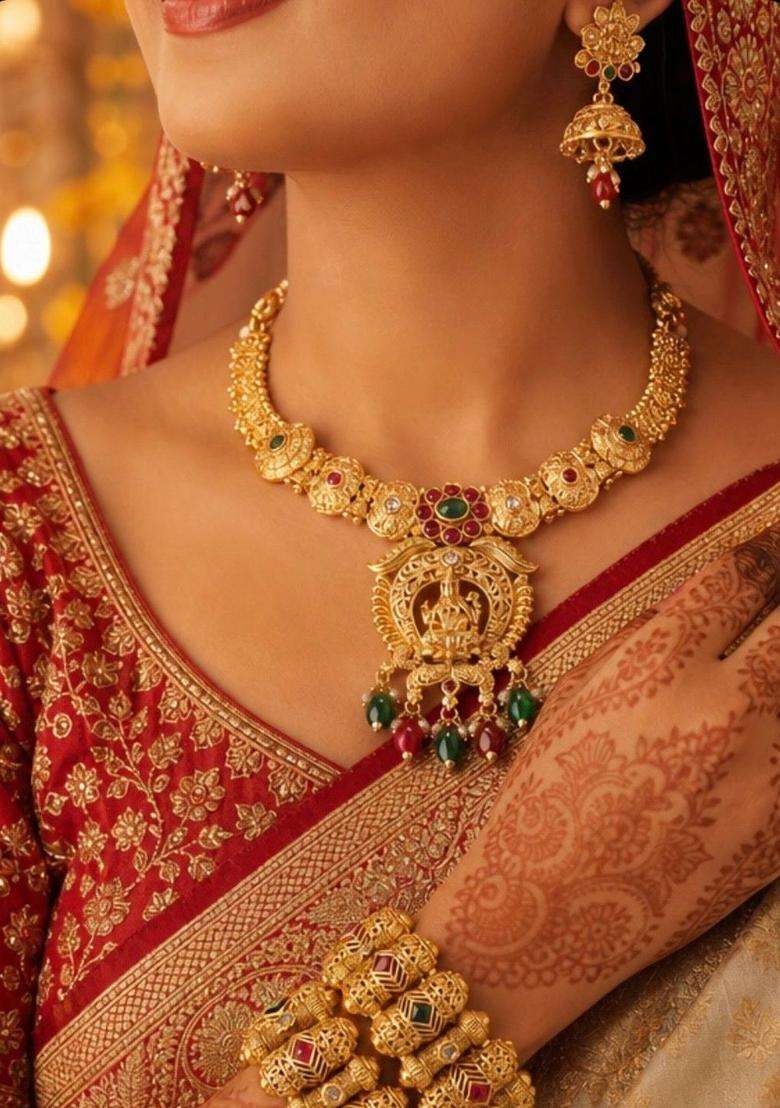 Brass Gold-Plated Temple Necklace with CZ Stone for Women | Traditional Temple Jewellery for Wedding & Festive Wear | Gift for Her - Indya