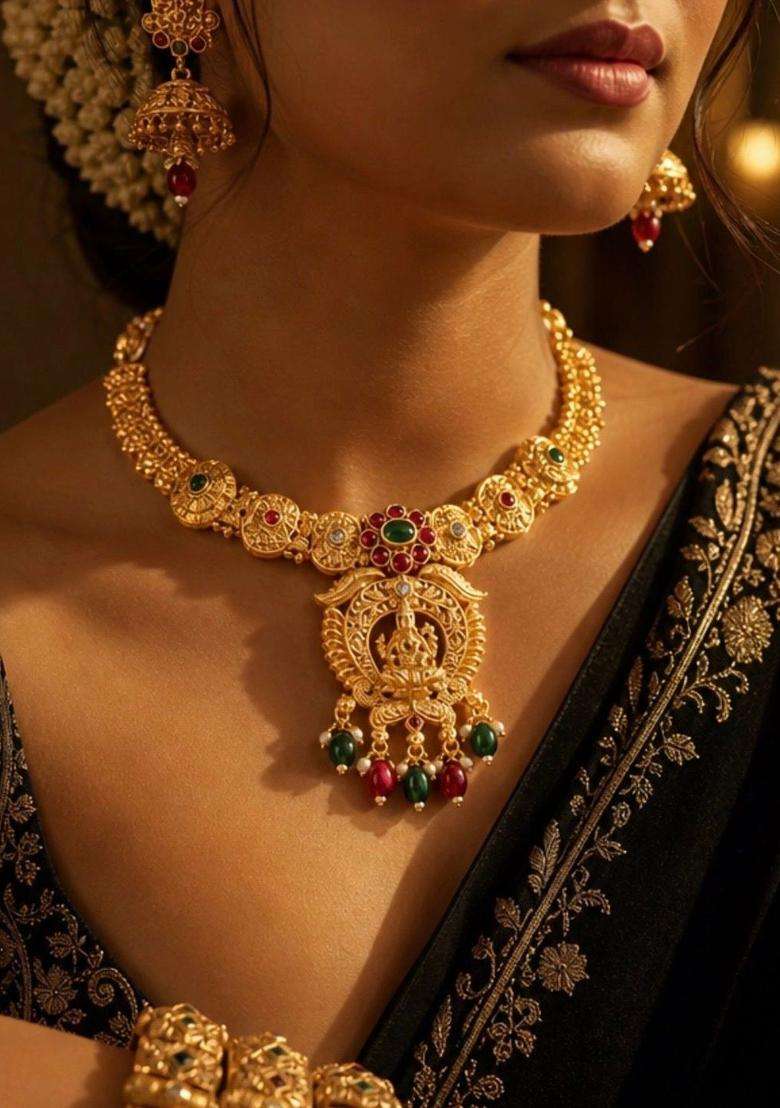 Brass Gold-Plated Temple Necklace with CZ Stone for Women | Traditional Temple Jewellery for Wedding & Festive Wear | Gift for Her - Indya