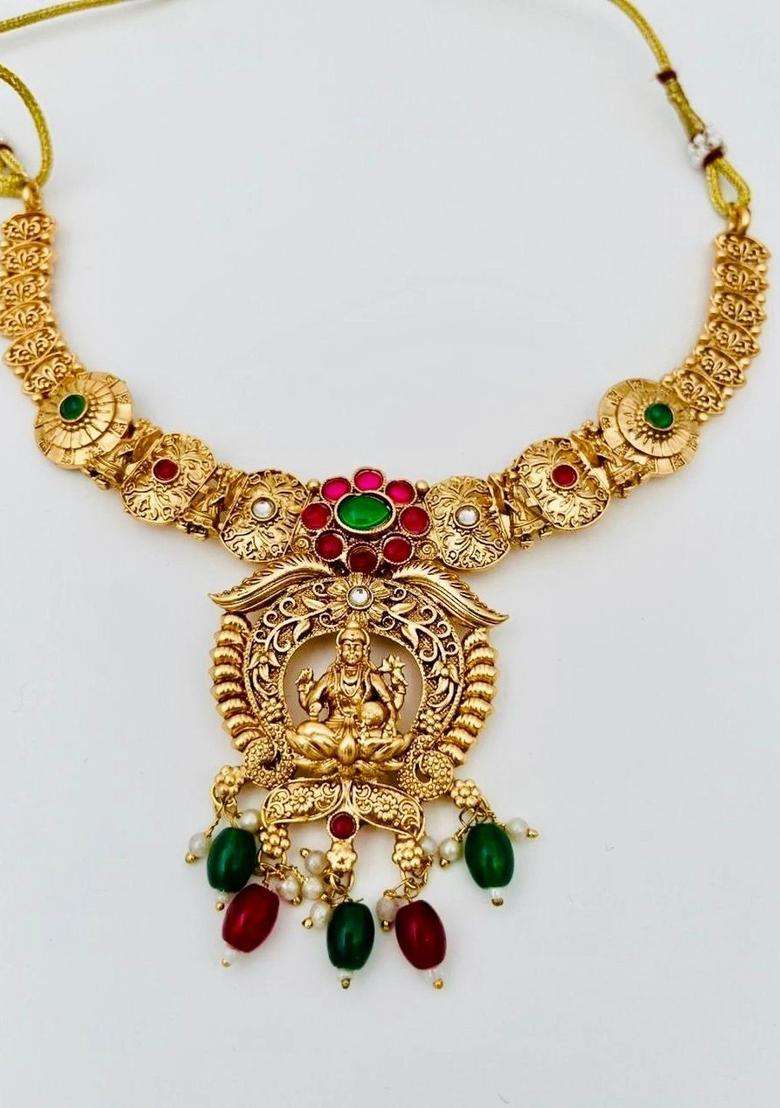 Brass Gold-Plated Temple Necklace with CZ Stone for Women | Traditional Temple Jewellery for Wedding & Festive Wear | Gift for Her - Indya