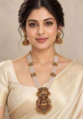 Gold-Plated Temple Stone Studded & Beaded Necklace and Earrings for Women | Traditional Temple Jewellery for Wedding & Festive Wear | Gift for Her