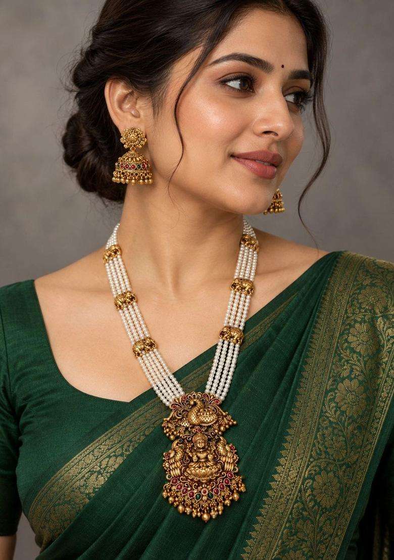 Gold-Plated Temple Stone Studded & Beaded Necklace and Earrings for Women | Traditional Temple Jewellery for Wedding & Festive Wear | Gift for Her - Indya