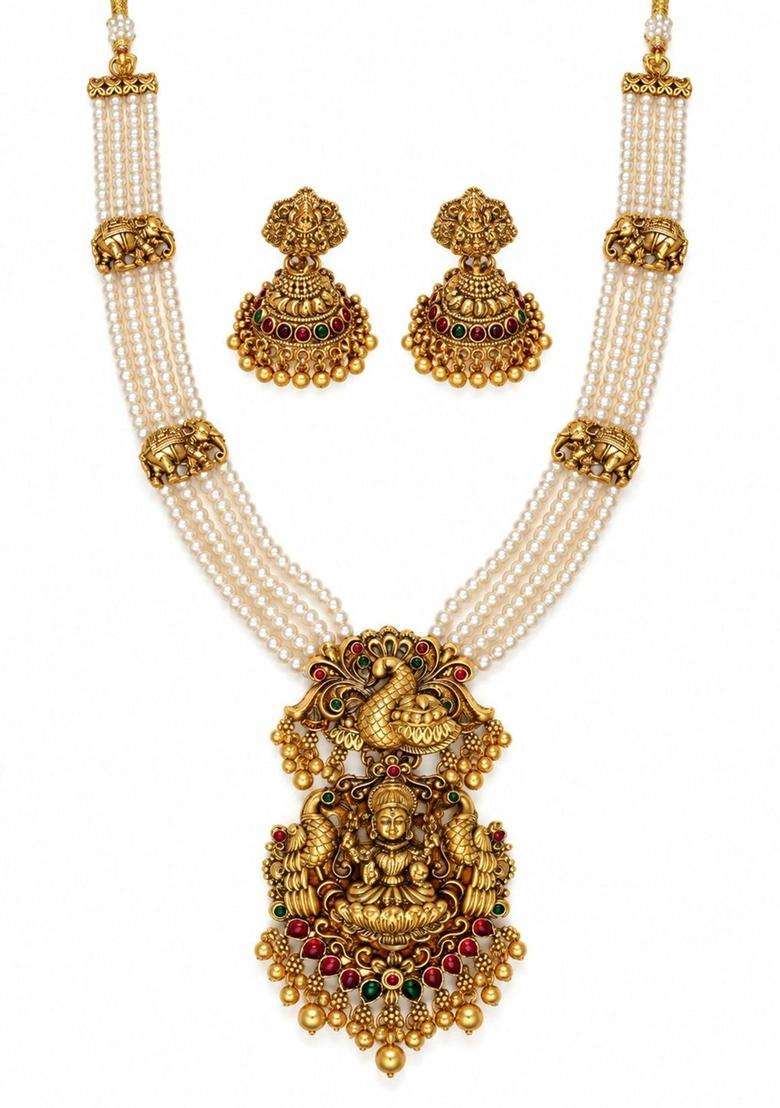 Gold-Plated Temple Stone Studded & Beaded Necklace and Earrings for Women | Traditional Temple Jewellery for Wedding & Festive Wear | Gift for Her - Indya