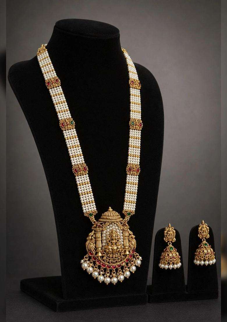 Gold-Plated Temple Stone Studded & Beaded Necklace and Earrings for Women | Traditional Temple Jewellery for Wedding & Festive Wear | Gift for Her - Indya