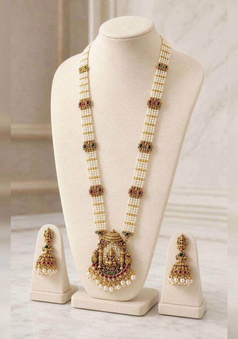 Gold-Plated Temple Stone Studded & Beaded Necklace and Earrings for Women | Traditional Temple Jewellery for Wedding & Festive Wear | Gift for Her - Indya