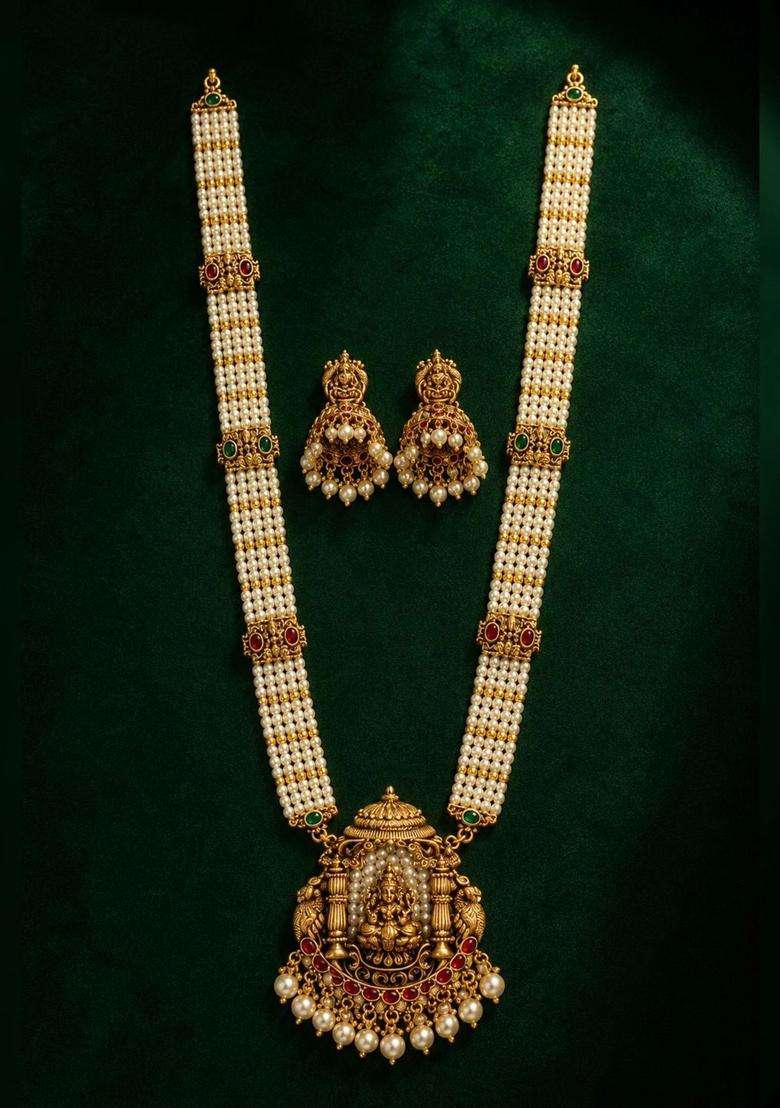 Gold-Plated Temple Stone Studded & Beaded Necklace and Earrings for Women | Traditional Temple Jewellery for Wedding & Festive Wear | Gift for Her - Indya