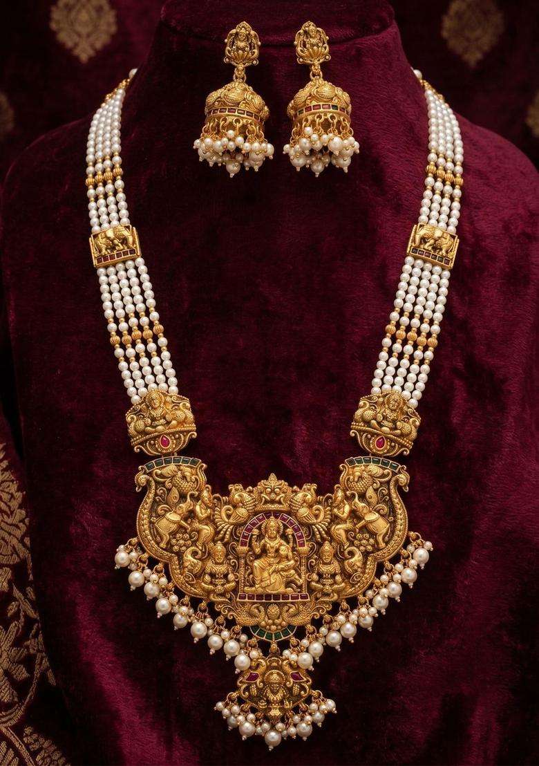 Gold-Plated Temple Stone Studded & Beaded Necklace and Earrings for Women | Traditional Temple Jewellery for Wedding & Festive Wear | Gift for Her - Indya