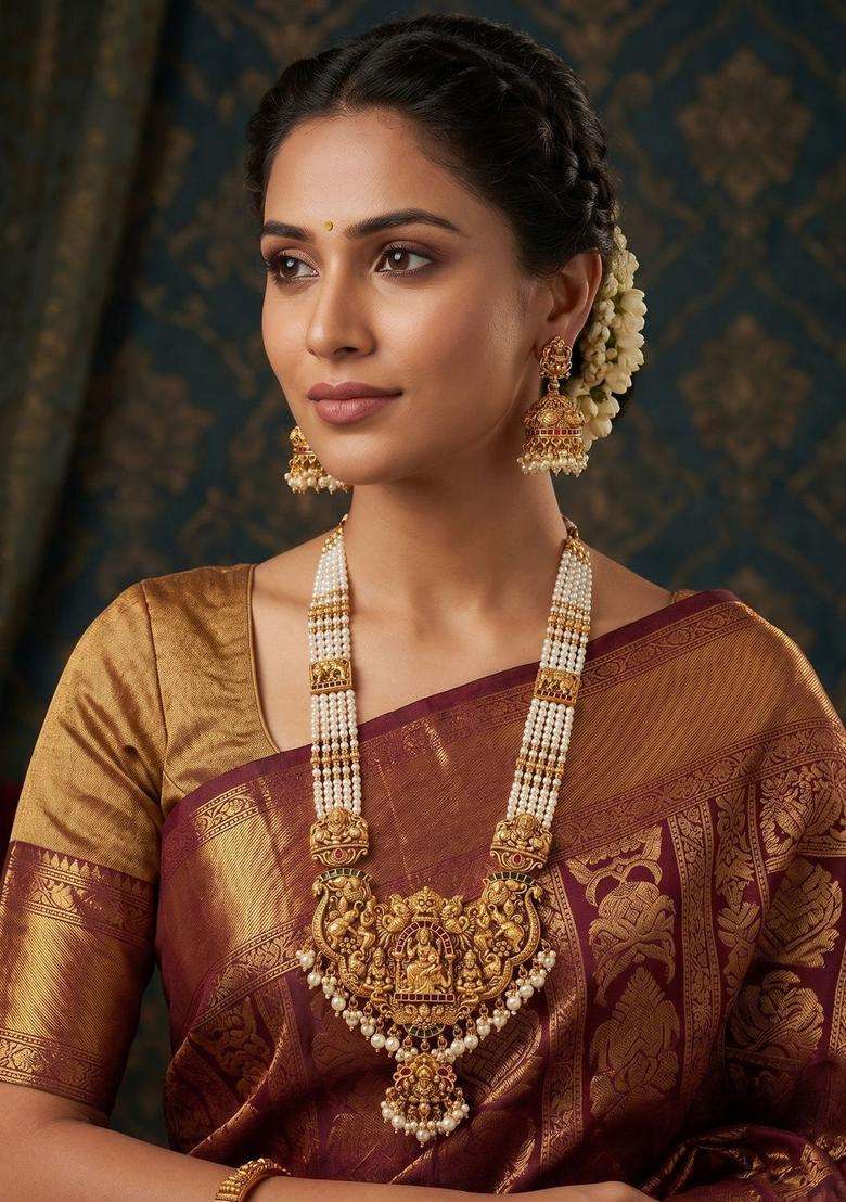 Gold-Plated Temple Stone Studded & Beaded Necklace and Earrings for Women | Traditional Temple Jewellery for Wedding & Festive Wear | Gift for Her - Indya