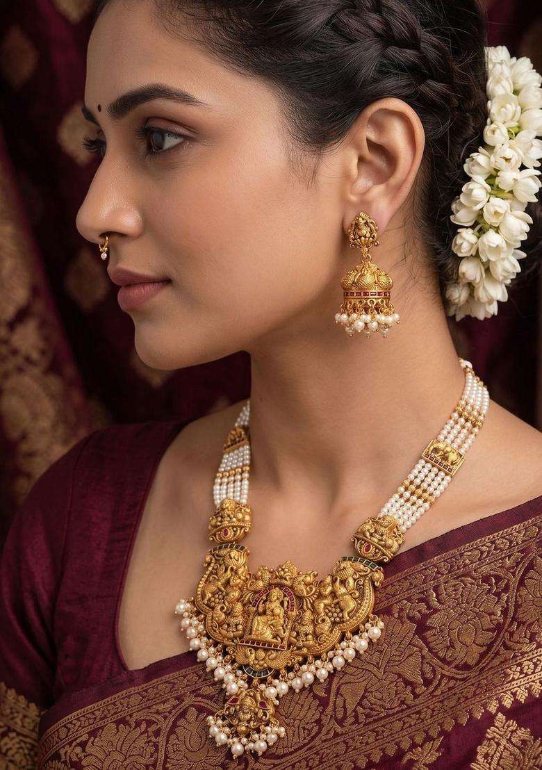 Gold-Plated Temple Stone Studded & Beaded Necklace and Earrings for Women | Traditional Temple Jewellery for Wedding & Festive Wear | Gift for Her - Indya