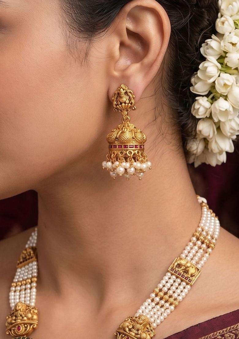 Gold-Plated Temple Stone Studded & Beaded Necklace and Earrings for Women | Traditional Temple Jewellery for Wedding & Festive Wear | Gift for Her - Indya