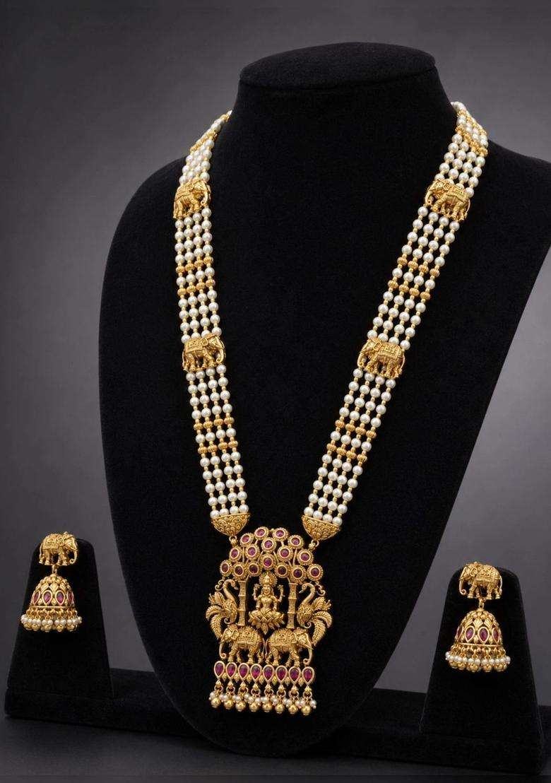 Gold-Plated Temple Stone Studded & Beaded Necklace and Earrings for Women | Traditional Temple Jewellery for Wedding & Festive Wear | Gift for Her - Indya
