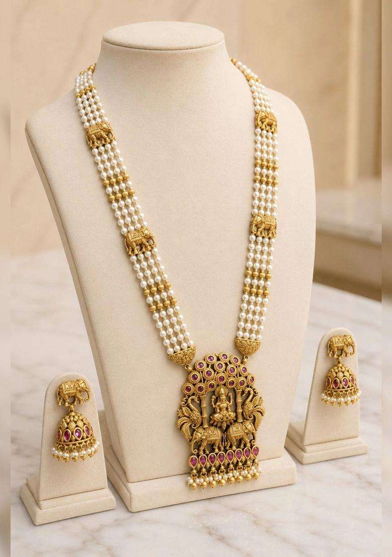 Gold-Plated Temple Stone Studded & Beaded Necklace and Earrings for Women | Traditional Temple Jewellery for Wedding & Festive Wear | Gift for Her - Indya