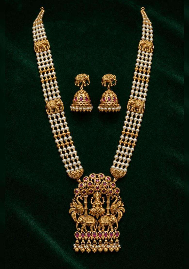 Gold-Plated Temple Stone Studded & Beaded Necklace and Earrings for Women | Traditional Temple Jewellery for Wedding & Festive Wear | Gift for Her - Indya
