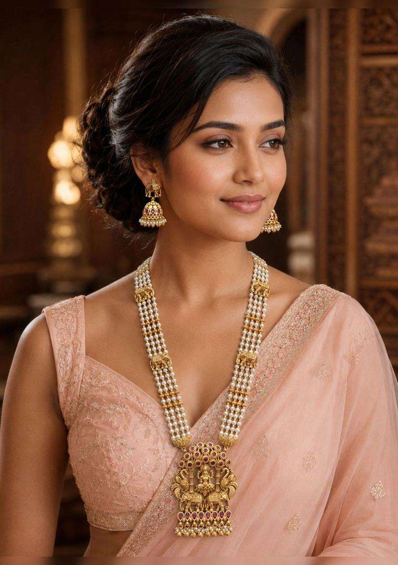 Gold-Plated Temple Stone Studded & Beaded Necklace and Earrings for Women | Traditional Temple Jewellery for Wedding & Festive Wear | Gift for Her - Indya