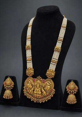Gold-Plated Temple Stone Studded & Beaded Necklace and Earrings for Women | Traditional Temple Jewellery for Wedding & Festive Wear | Gift for Her