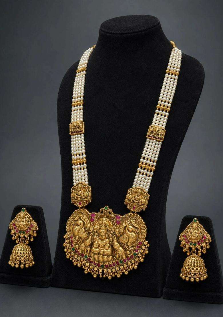 Gold-Plated Temple Stone Studded & Beaded Necklace and Earrings for Women | Traditional Temple Jewellery for Wedding & Festive Wear | Gift for Her - Indya