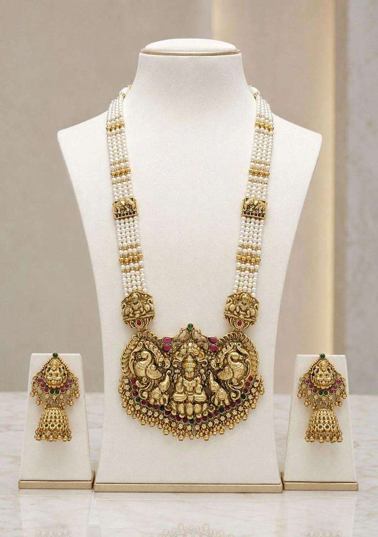 Gold-Plated Temple Stone Studded & Beaded Necklace and Earrings for Women | Traditional Temple Jewellery for Wedding & Festive Wear | Gift for Her - Indya