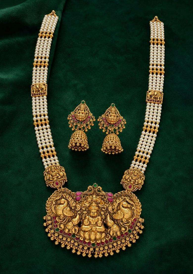 Gold-Plated Temple Stone Studded & Beaded Necklace and Earrings for Women | Traditional Temple Jewellery for Wedding & Festive Wear | Gift for Her - Indya