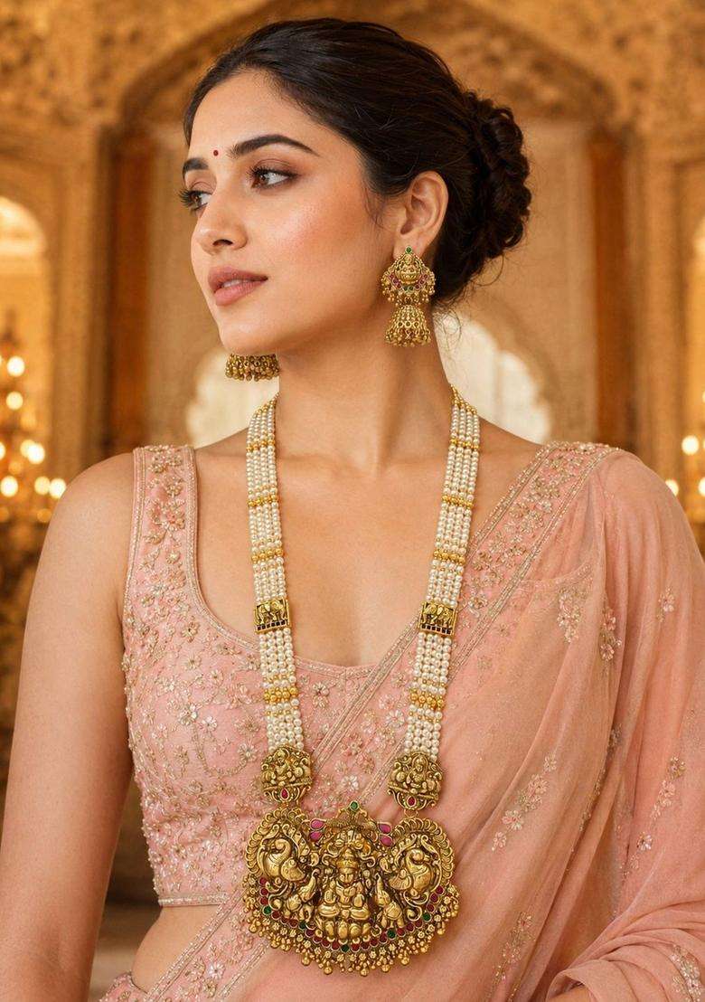 Gold-Plated Temple Stone Studded & Beaded Necklace and Earrings for Women | Traditional Temple Jewellery for Wedding & Festive Wear | Gift for Her - Indya